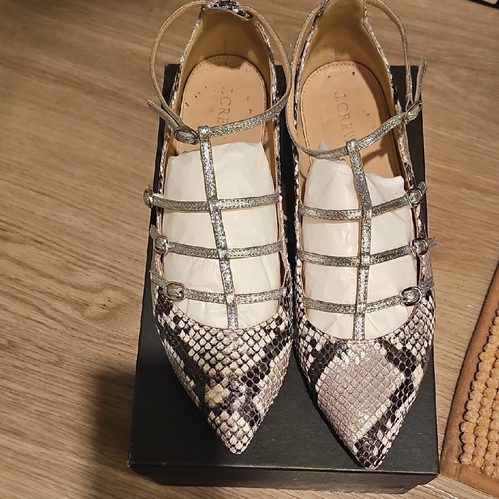 J. Crew Silver T-Strap Snake-Print Pointed Flats